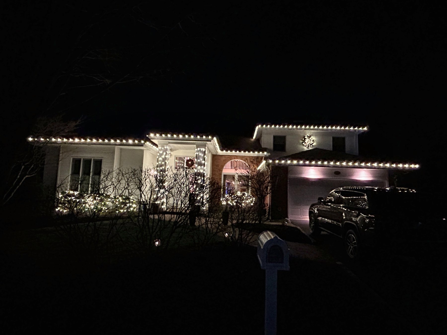 Christmas Illuminations LI holiday lighting installation: Elegant Rooflines & Trees